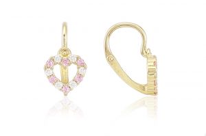 Arany baba fülbevaló elölkapcsos áttört szívecske rózsaszín és fehér kövekkel - Ezüst gyerek fülbevaló