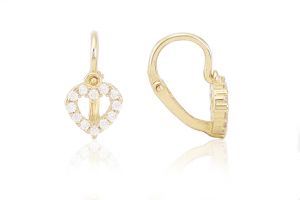 Arany baba fülbevaló elölkapcsos áttört szívecske fehér kövekkel - 