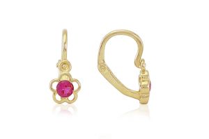 Arany baba fülbevaló elölkapcsos áttört virág pink kővel - Arany baba fülbevalók