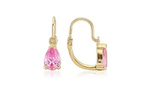 Arany baba és gyermek fülbevaló elölkapcsos rózsaszín csepp alakú kővel - Arany baba fülbevalók