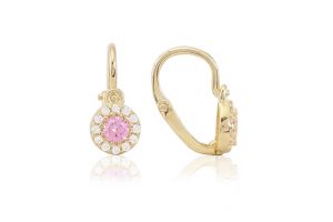 Arany baba fülbevaló elölkapcsos klasszikus stílusú rózsaszín és fehér kővel - 