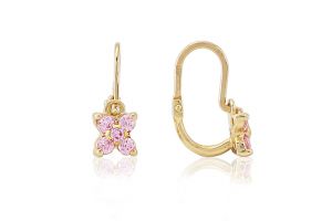 Arany baba fülbevaló elölkapcsos négyszirmú virág rózsaszín köves - Arany baba fülbevalók