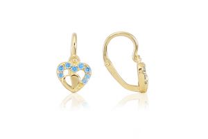Arany baba fülbevaló elölkapcsos szívben szív világoskék kövekkel - 