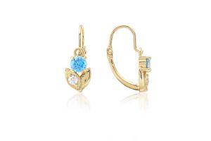 Arany baba és gyermek fülbevaló elölkapcsos kisvirág világoskék és fehér kövekkel - Arany baba fülbevalók