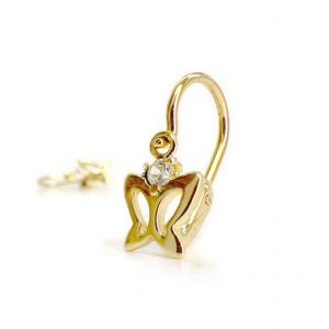 Arany baba fülbevaló fehér kővel - áttört pillangó forma, 14K előlkapcsos zár - Arany baba fülbevalók