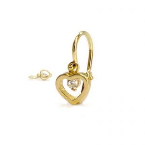 Arany baba fülbevaló fehér kővel - áttört szív forma, 14K előlkapcsos zár - Ezüst gyerek fülbevaló