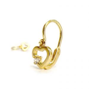 Arany baba fülbevaló fehér oldalt kővel - áttört szív forma, 14K előlkapcsos zár - 