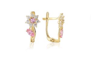 Rózsaszín és fehér köves, virágmintás arany baba fülbevaló - Arany baba fülbevalók