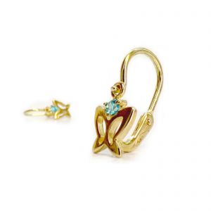Arany baba fülbevaló kék kővel - áttört pillangó forma, 14K előlkapcsos zár - Ezüst gyerek fülbevaló