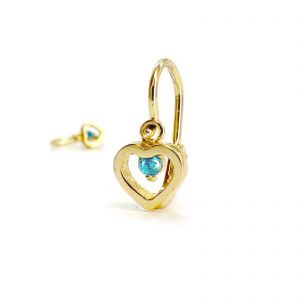 Arany baba fülbevaló kék kővel - áttört szív forma, 14K előlkapcsos zár - 