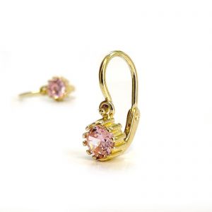 Arany baba fülbevaló rózsaszín kővel - 14K előlkapcsos klasszikus fazon - Ezüst gyerek fülbevaló