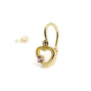 Arany baba fülbevaló rózsaszín oldalt kővel - áttört szív forma, 14K előlkapcsos zár - 