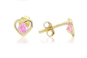 Arany fülbevaló stekkeres áttört szív nagy rózsaszín kővel - 