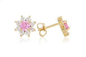 Arany fülbevaló stekkeres nagy virág rózsaszín kővel - Arany baba fülbevalók