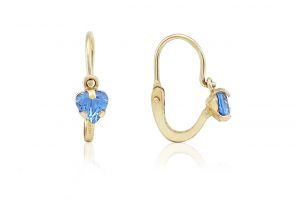 Arany gyermek fülbevaló elölkapcsos foglaltköves szívecske kék kővel - Arany baba fülbevalók