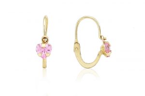 Arany gyermek fülbevaló elölkapcsos foglaltköves szívecske rózsaszín - Arany baba fülbevalók