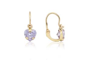 Arany gyermek fülbevaló elölkapcsos foglalt köves nagy szívecske lila kővel - Arany baba fülbevalók