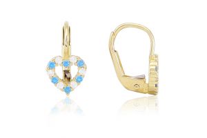 Arany baba fülbevaló patentzáras szívecske világoskék és fehér kövekkel - Arany baba fülbevalók