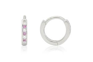 Ezüst baba fülbevaló bepattintós keskeny karika ródiumbevonatos 6mm rózsaszín és fehér - Ezüst baba fülbevalók