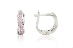 Ezüst baba fülbevaló franciakapcsos csavart rózsaszín kövekkel ródiumbevonatos - Ezüst gyerek fülbevaló