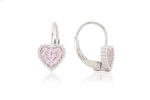 Apró rózsaszín köves szívecskés patentzáras ezüst baba fülbevaló  - Ezüst gyerek fülbevaló