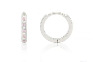 Ezüst gyermek fülbevaló bepattintós keskeny karika apró rózsaszín és fehér kövekkel 9mm ródiumbevonatos - Ezüst gyerek fülbevaló