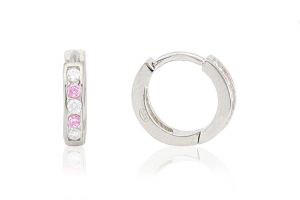 Ezüst gyermek fülbevaló keskeny karika rózsaszín és fehér kövekkel 8mm - Ezüst gyerek fülbevaló