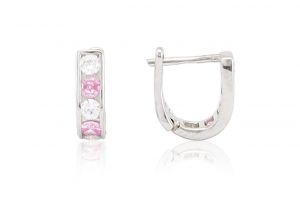 Ezüst gyermek fülbevaló franciazáras 3mm széles rózsaszín és fehér kövekkel ródiumbevonatos - Ezüst gyerek fülbevaló