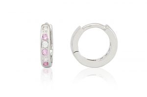 Ezüst gyermek fülbevaló keskeny karika fehér és rózsaszín kövekkel 8mm ródiumbevonatos - Ezüst gyerek fülbevaló