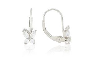 Ezüst gyermek fülbevaló patentzáras ródiumbevonatos pillangó fehér kövekkel  - Ezüst gyerek fülbevaló