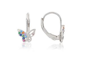Ezüst gyermek fülbevaló patentzáras pillangó félig köves tarka - Ezüst gyerek fülbevaló