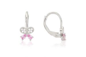 Ezüst gyermek fülbevaló patentzáras pillangó fehér és rózsaszín kővel ródiumbevonatos - Ezüst gyerek fülbevaló