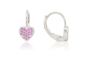 Ezüst gyermek fülbevaló patentzáras szív díszítéssel sötétrózsaszín köves - Ezüst gyerek fülbevaló