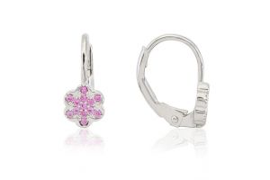 Ezüst gyermek fülbevaló patentzáras virág díszítéssel sötétrózsaszín köves - Ezüst gyerek fülbevaló