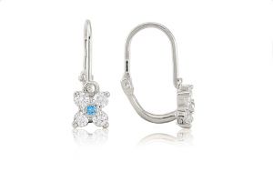 Fehér arany baba fülbevaló elölkapcsos négyszirmú virág világoskék kővel - Arany baba fülbevalók