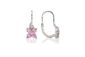 Fehér arany baba fülbevaló elölkapcsos négyszirmú virág rózsaszín köves - Arany baba fülbevalók