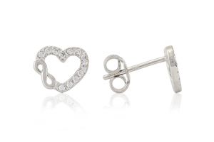 Fehér arany fülbevaló stekkeres szív és végtelen jel - Arany baba fülbevalók