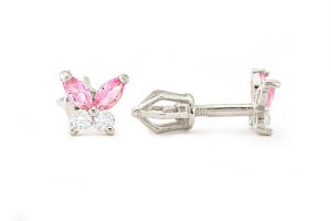 Fehér arany baba és gyermek fülbevaló csavaros pillangó rózsaszín és fehér kövekkel - 