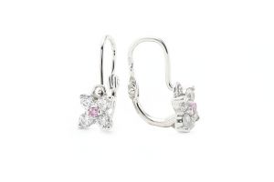 Fehér arany baba fülbevaló elölkapcsos négyszirmú virág rózsaszín-fehér köves - Arany baba fülbevalók