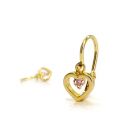 Arany baba fülbevaló rózsaszín kővel - áttört szív forma, 14K előlkapcsos zár