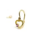 Arany baba fülbevaló rózsaszín oldalt kővel - áttört szív forma, 14K előlkapcsos zár