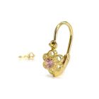 Arany baba fülbevaló áttört virág mintával és rózsaszín kővel - 14K előlkapcsos zár